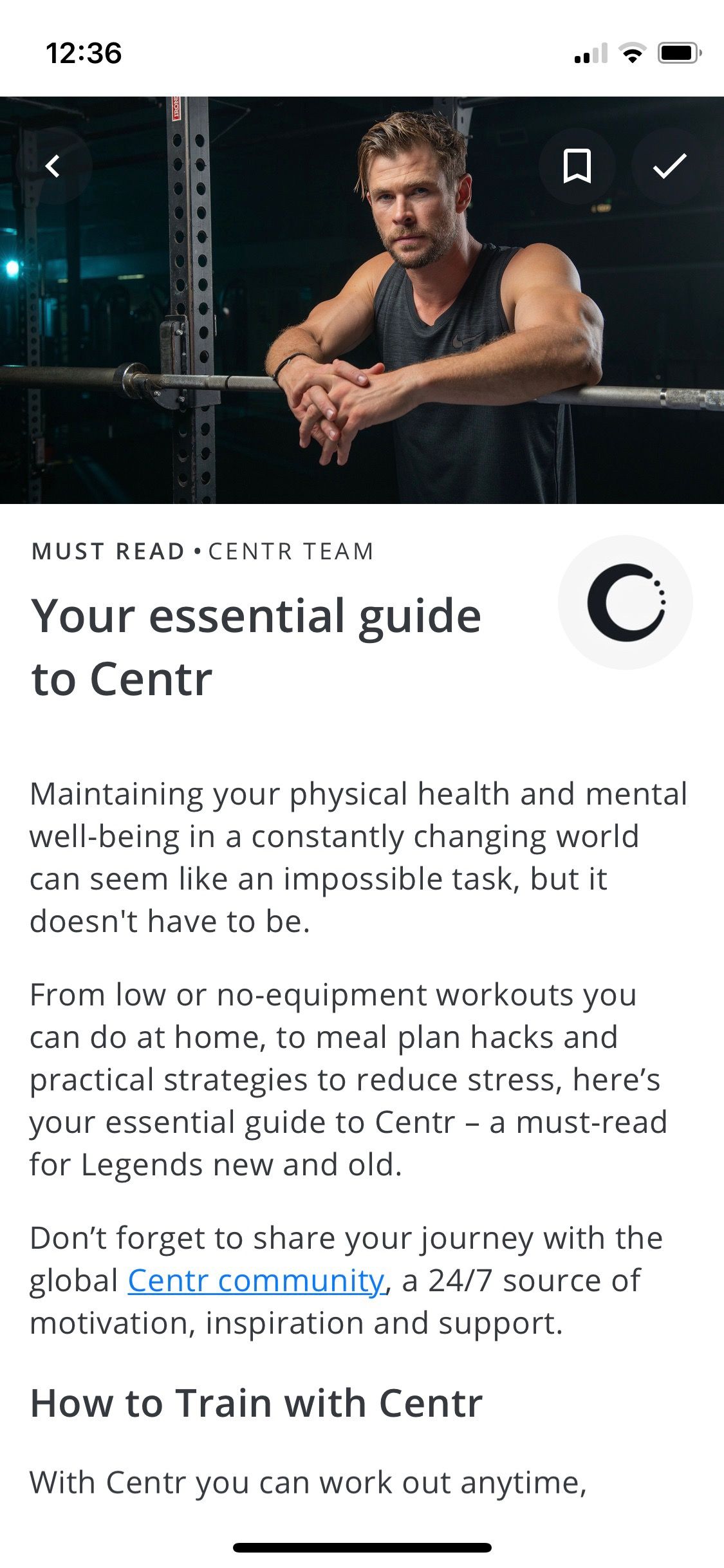 Screenshot of Centr app showing introduction article