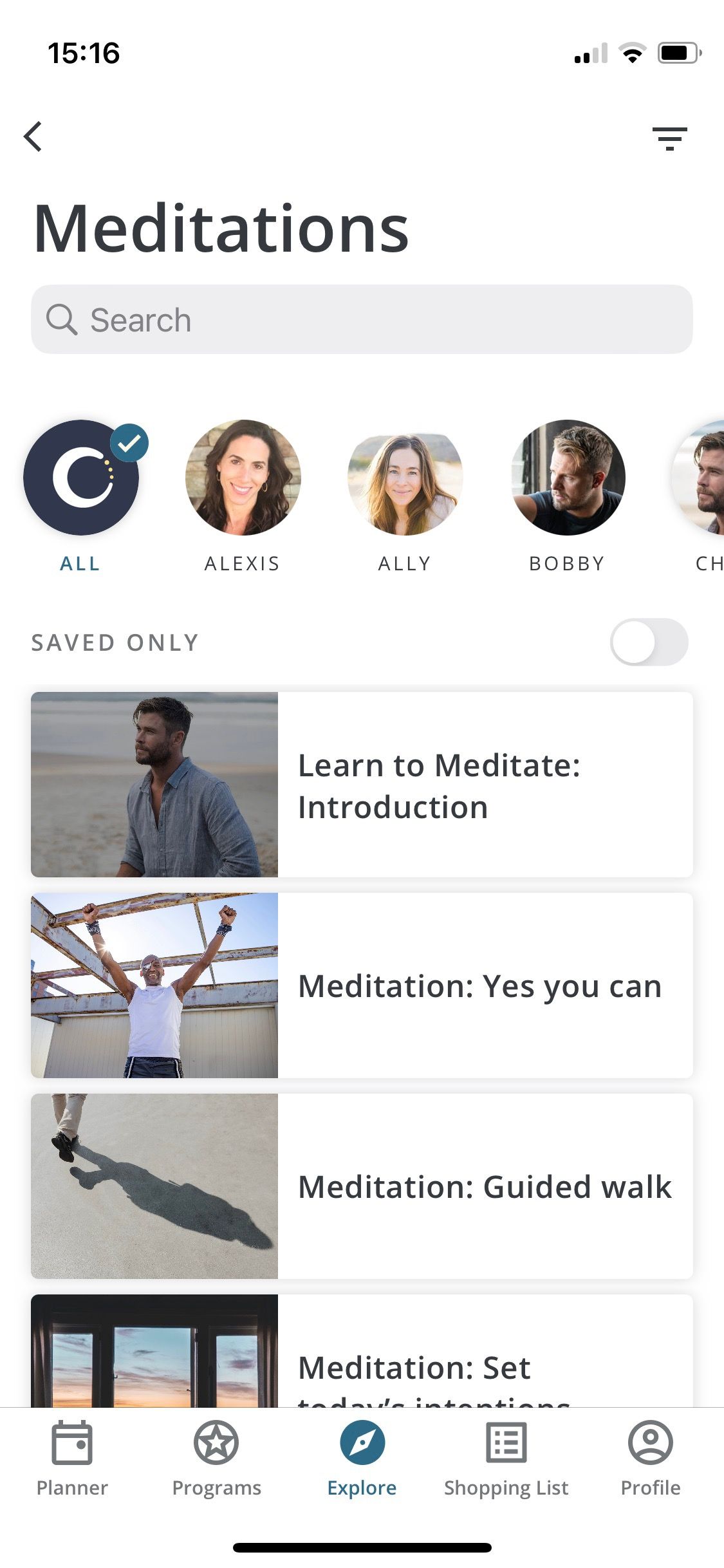 Screenshot of Centr app showing meditation options