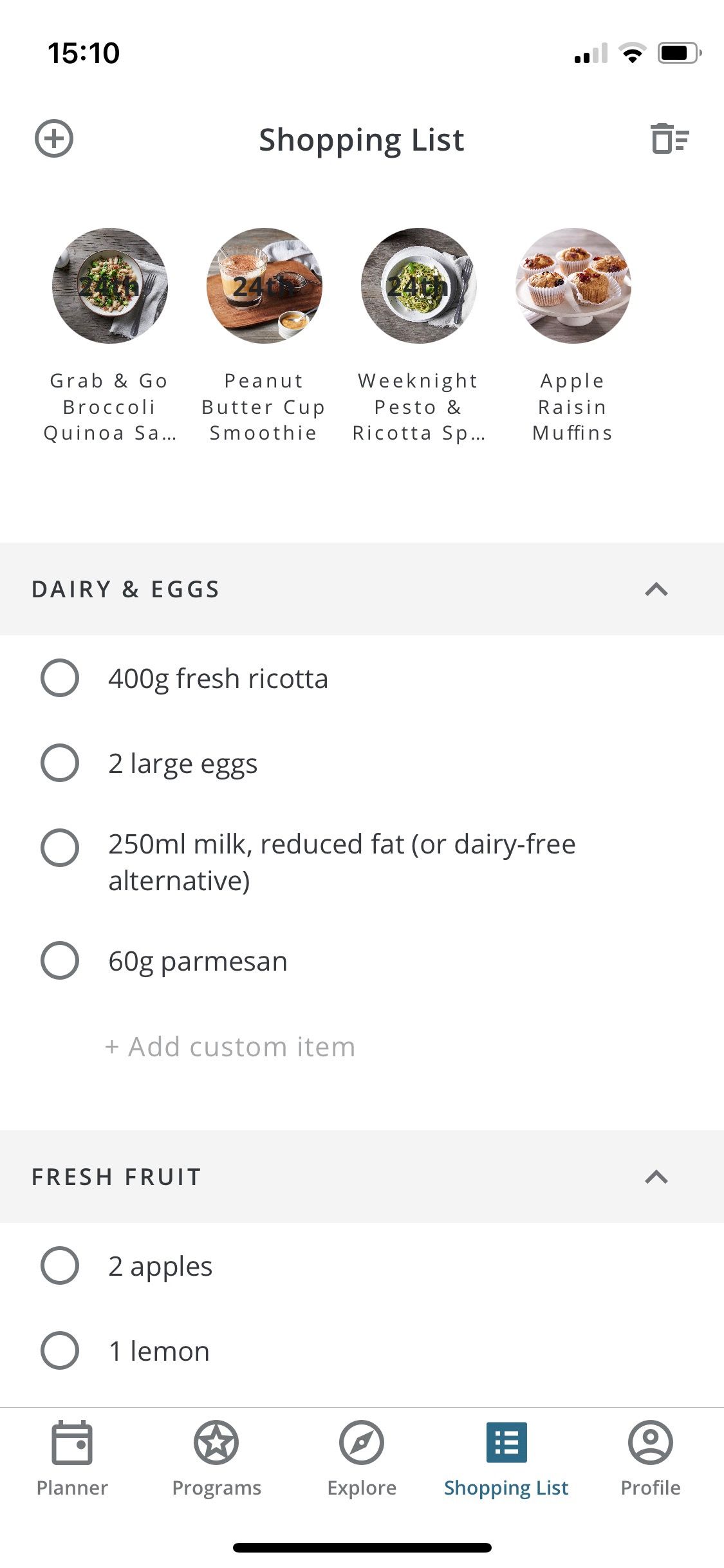 Screenshot of Centr app showing shopping list function