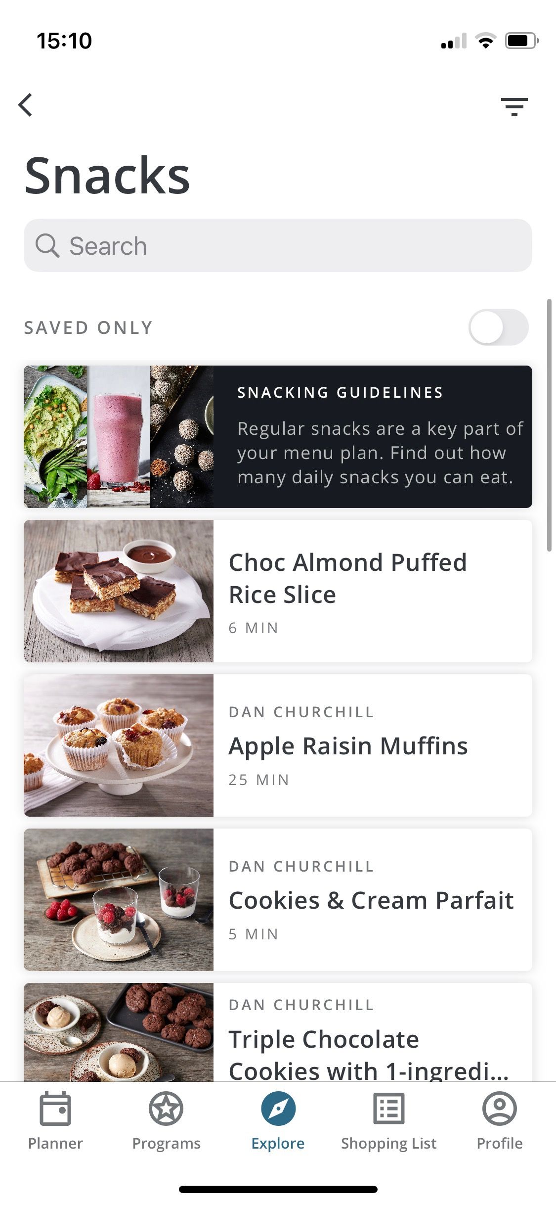Screenshot of Centr app showing snacks menu