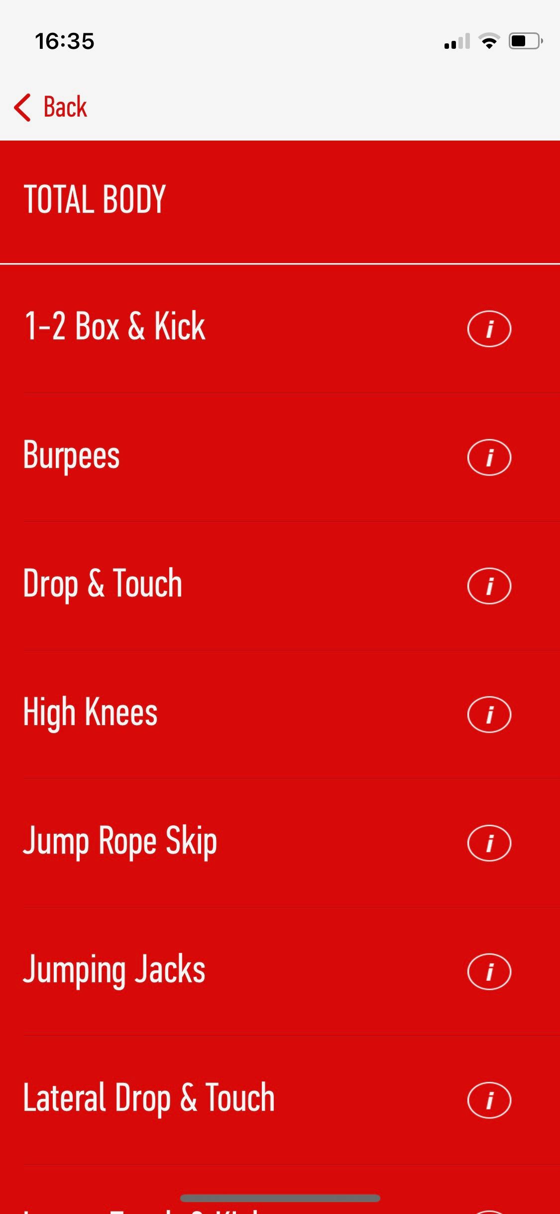 Screenshot of J&J 7 minute app showing example of an exercise routine