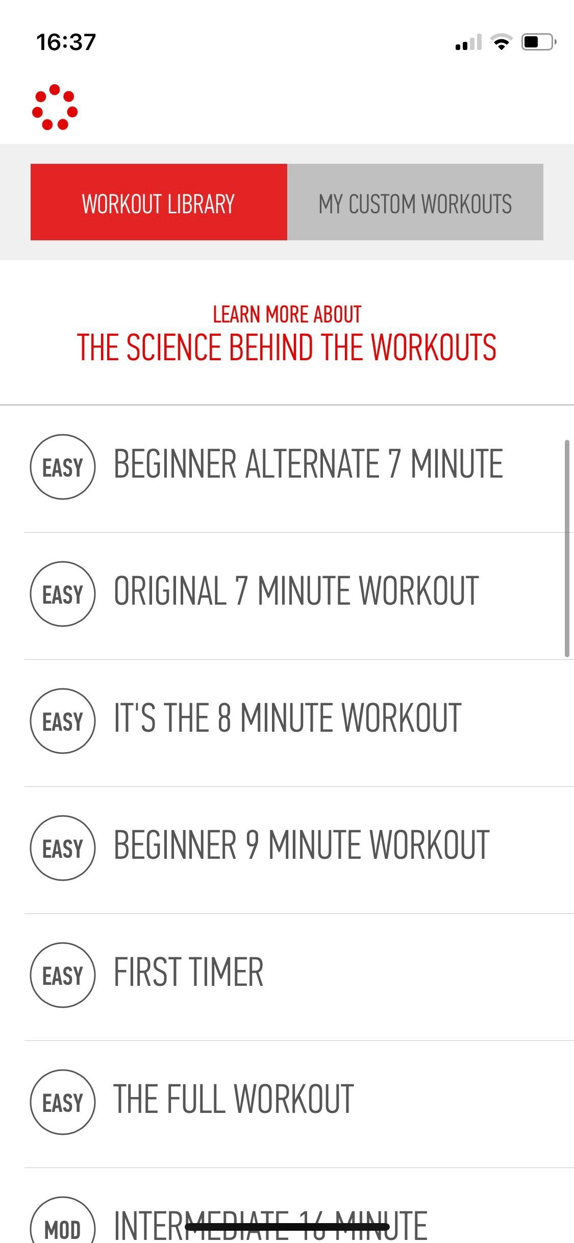Screenshot of J&J 7 minute app showing workout programs