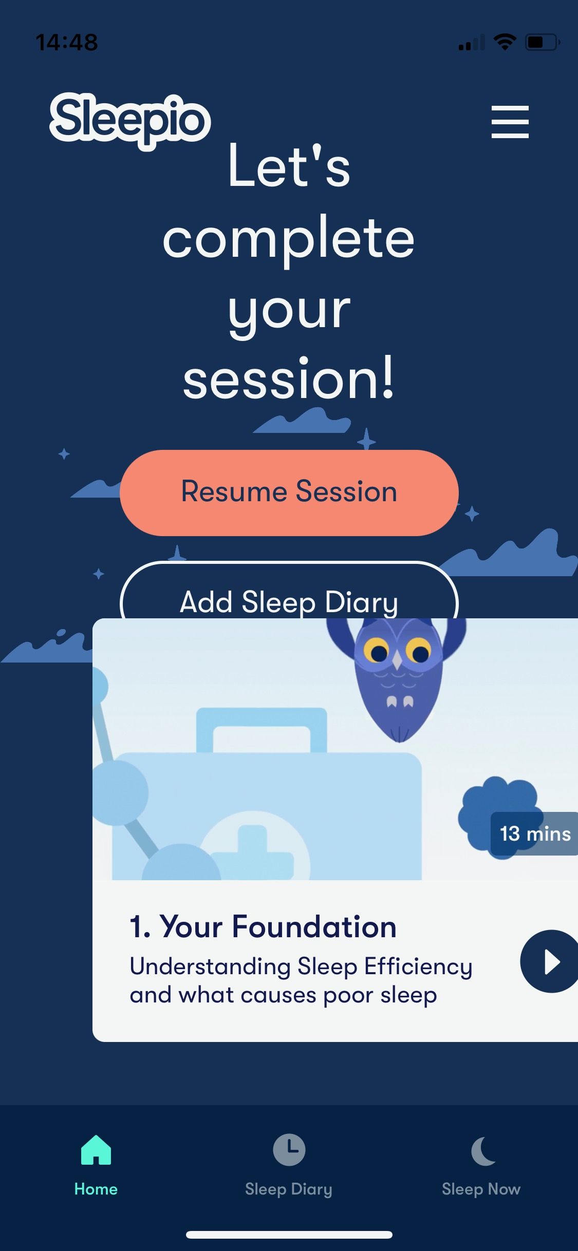 Screenshot of Sleepio app showing Home screen