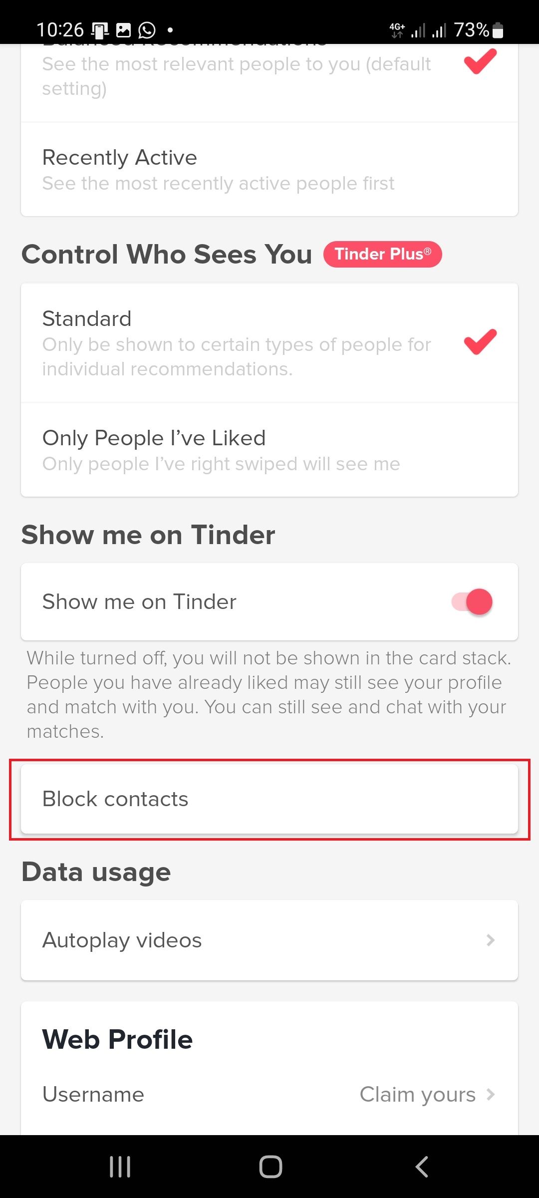 اسکرین شات صفحه تنظیمات tinder