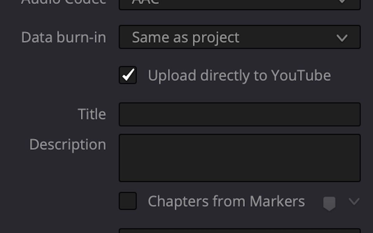 Screenshot showing the Upload directly to YouTube box on Resolve 18 export settings window