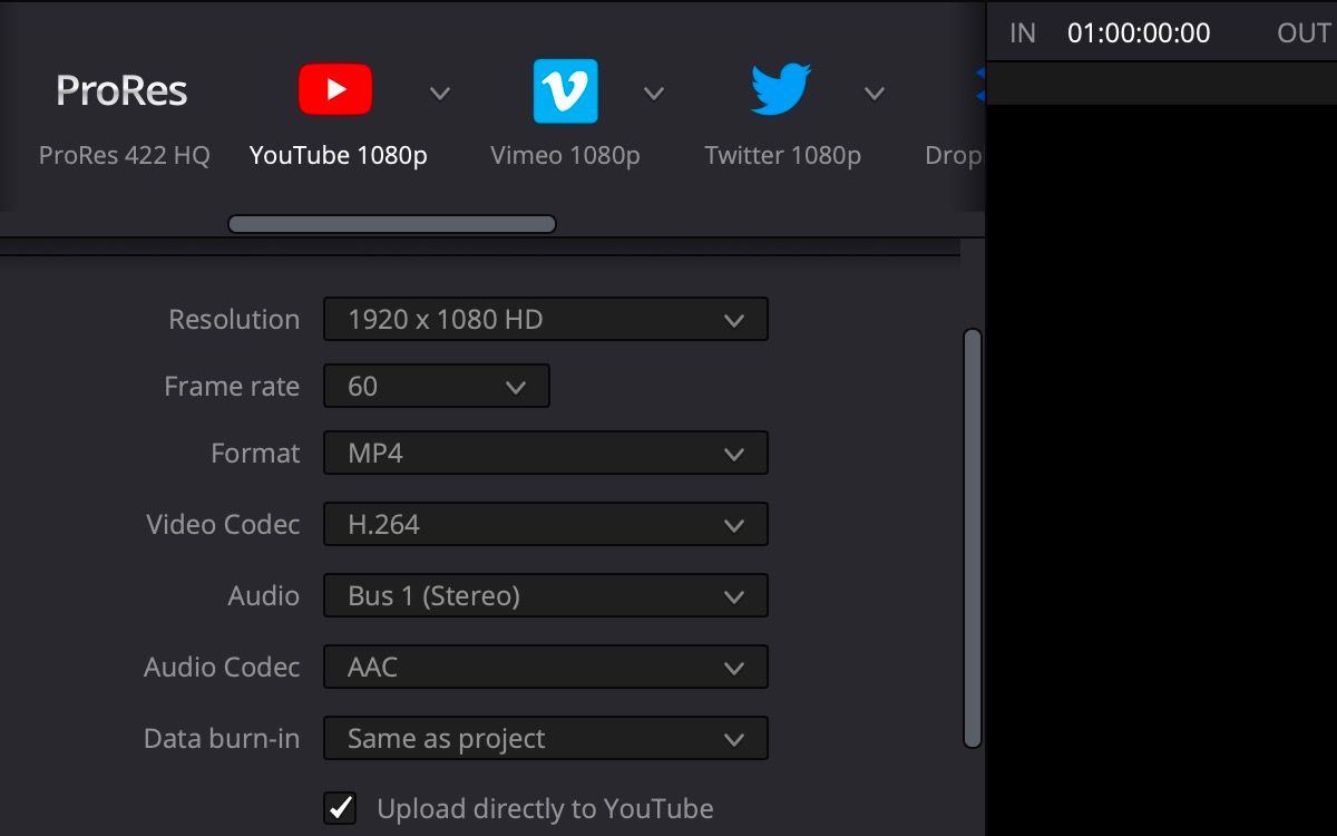 Screenshot showing the settings list of the custom export menu