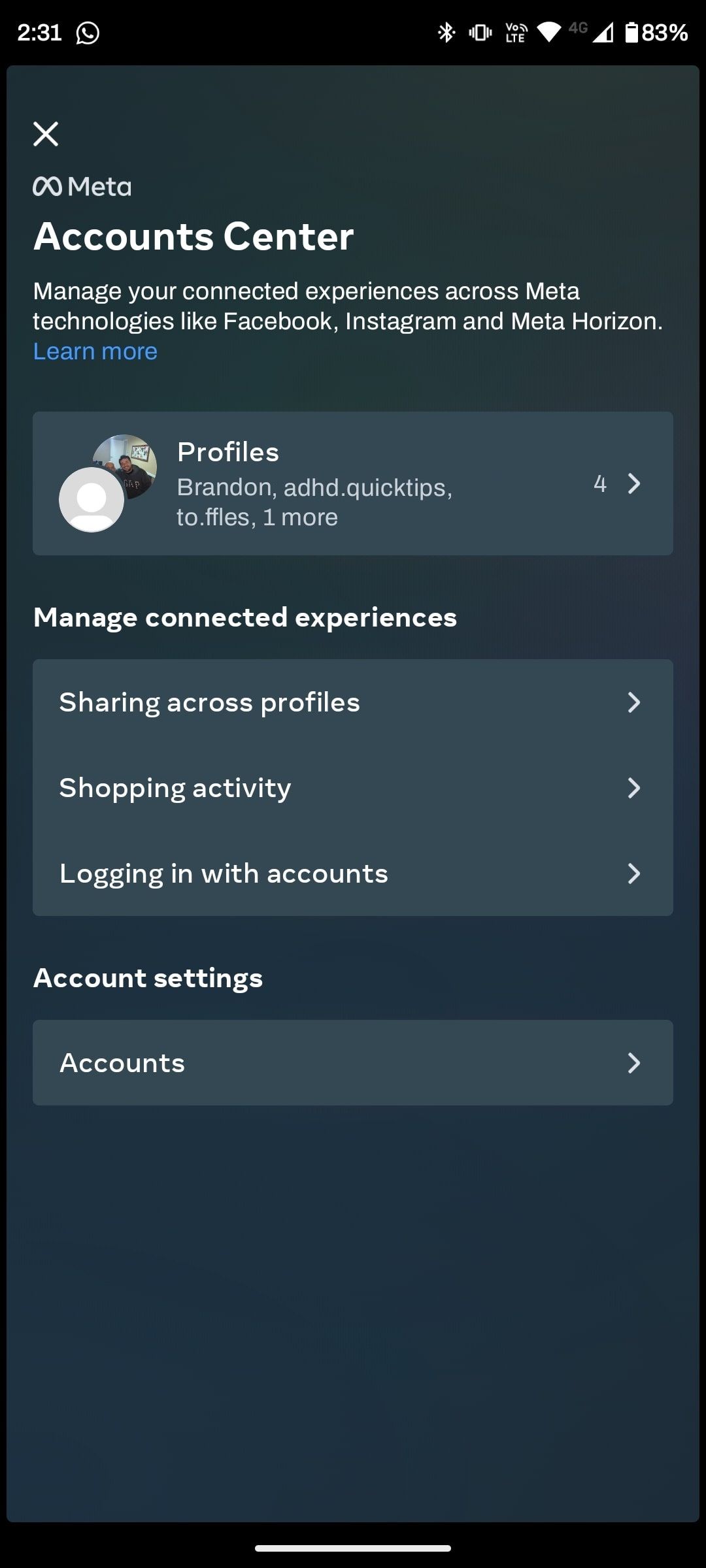 Meta Accounts Center hub with options