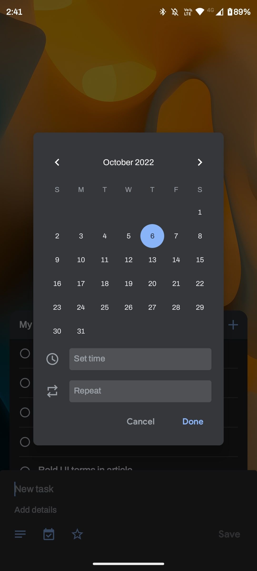 Select date and time in Google Tasks widget