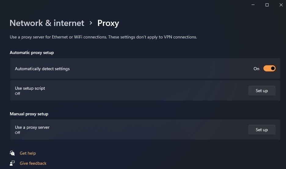 The Set up button for proxy server