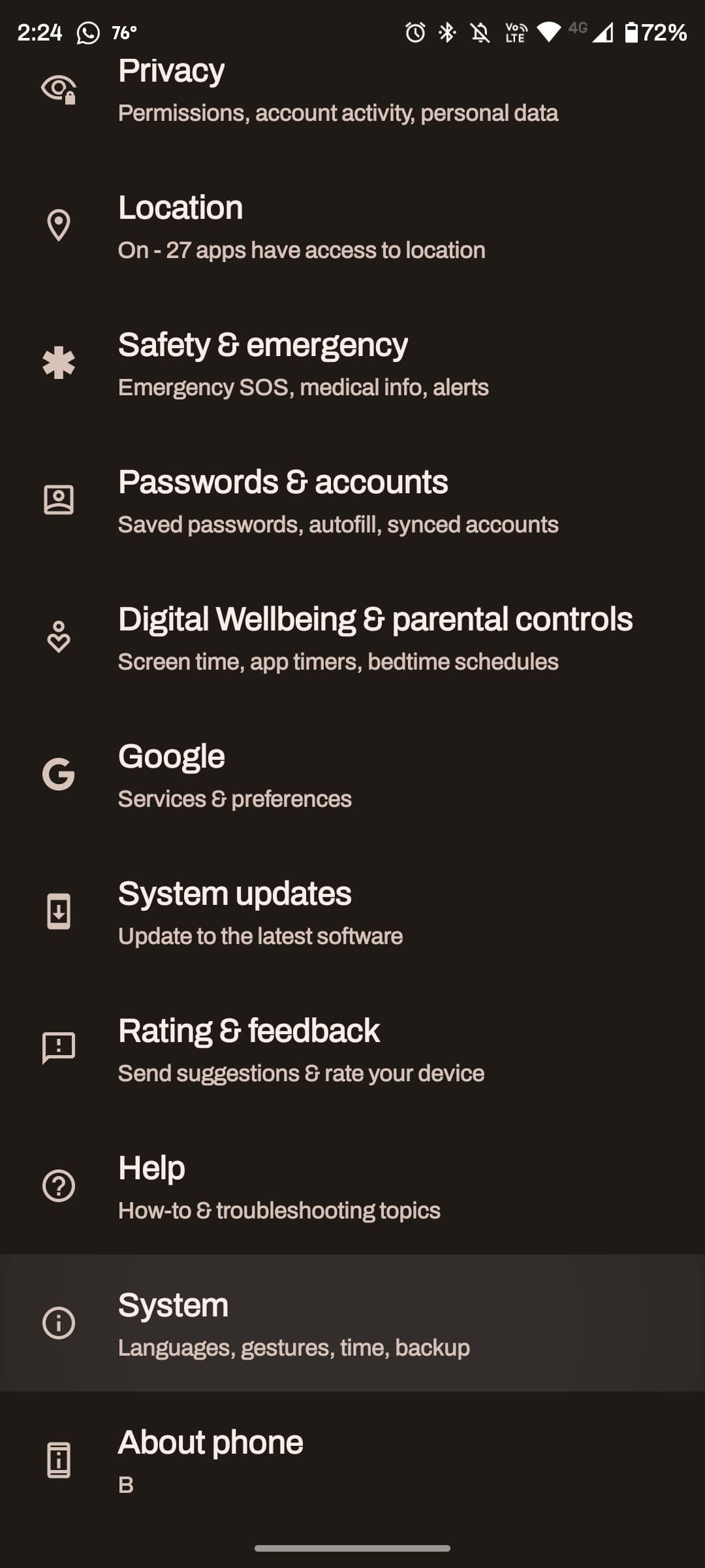 Settings menu with system highlighted