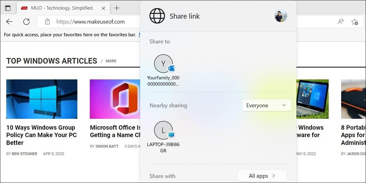 Share Webpage Link Using Nearby Sharing in Windows 11