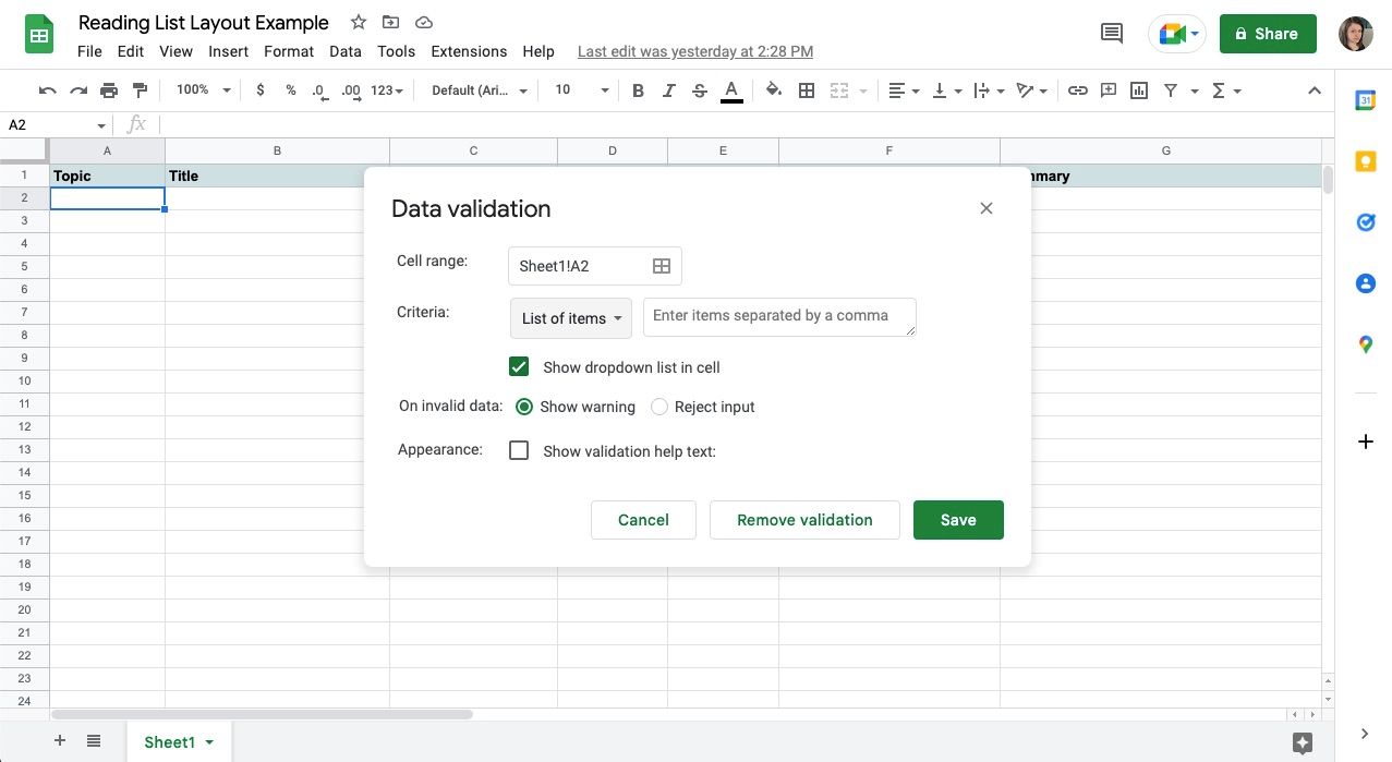 Menu xác thực dữ liệu trong phần mềm bảng tính
