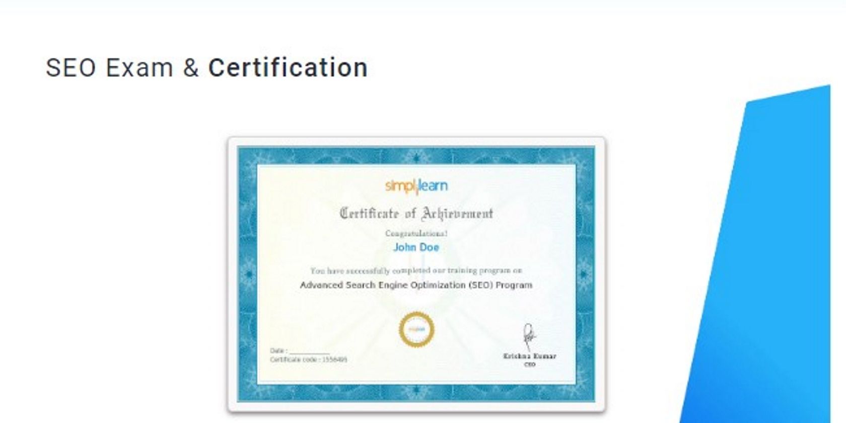Image showing the Simpliarn SEO certificate