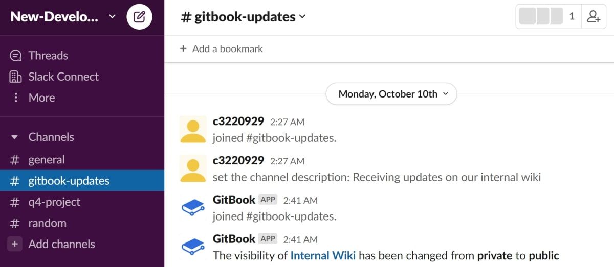 Slack notifications appearing in channel for GitBook updates