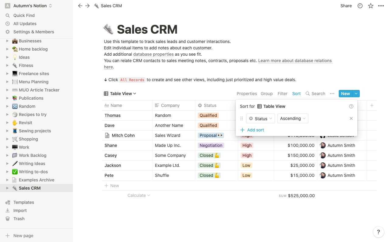 DIY CRM created in note-taking software