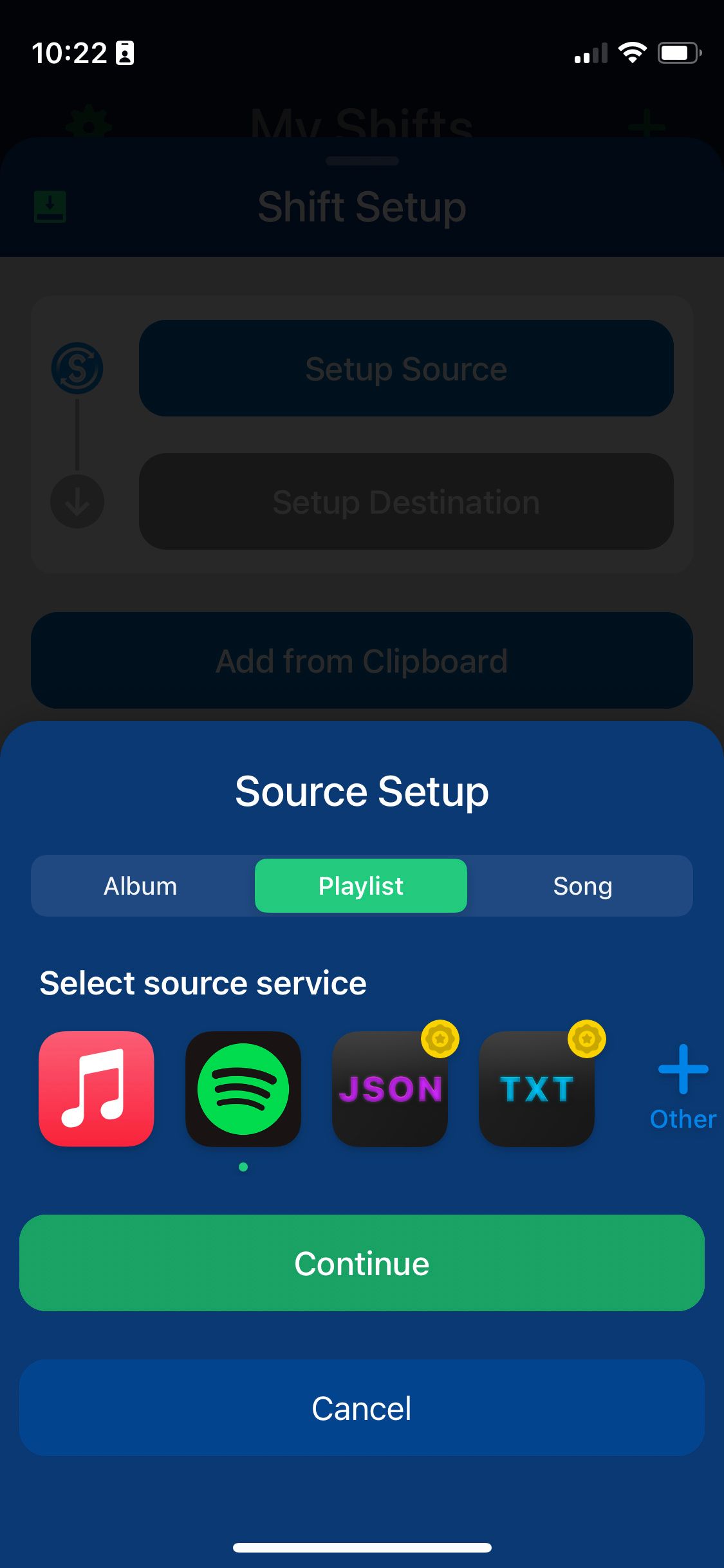 Source Setup popup in SongShift