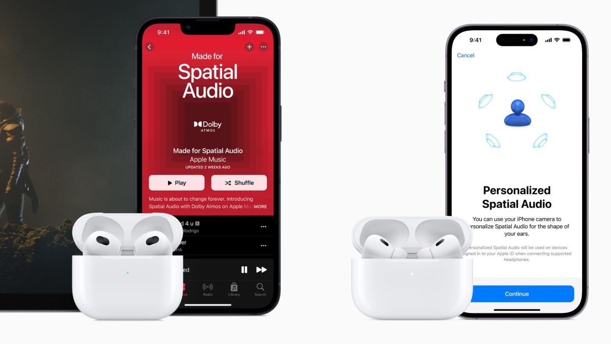 AirPods 3 and AirPods Pro 2 next iPhone 13 and iPhone 14 Pro respectively showing Spatial Audio features