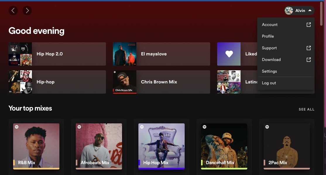 Account option on Spotify for Web