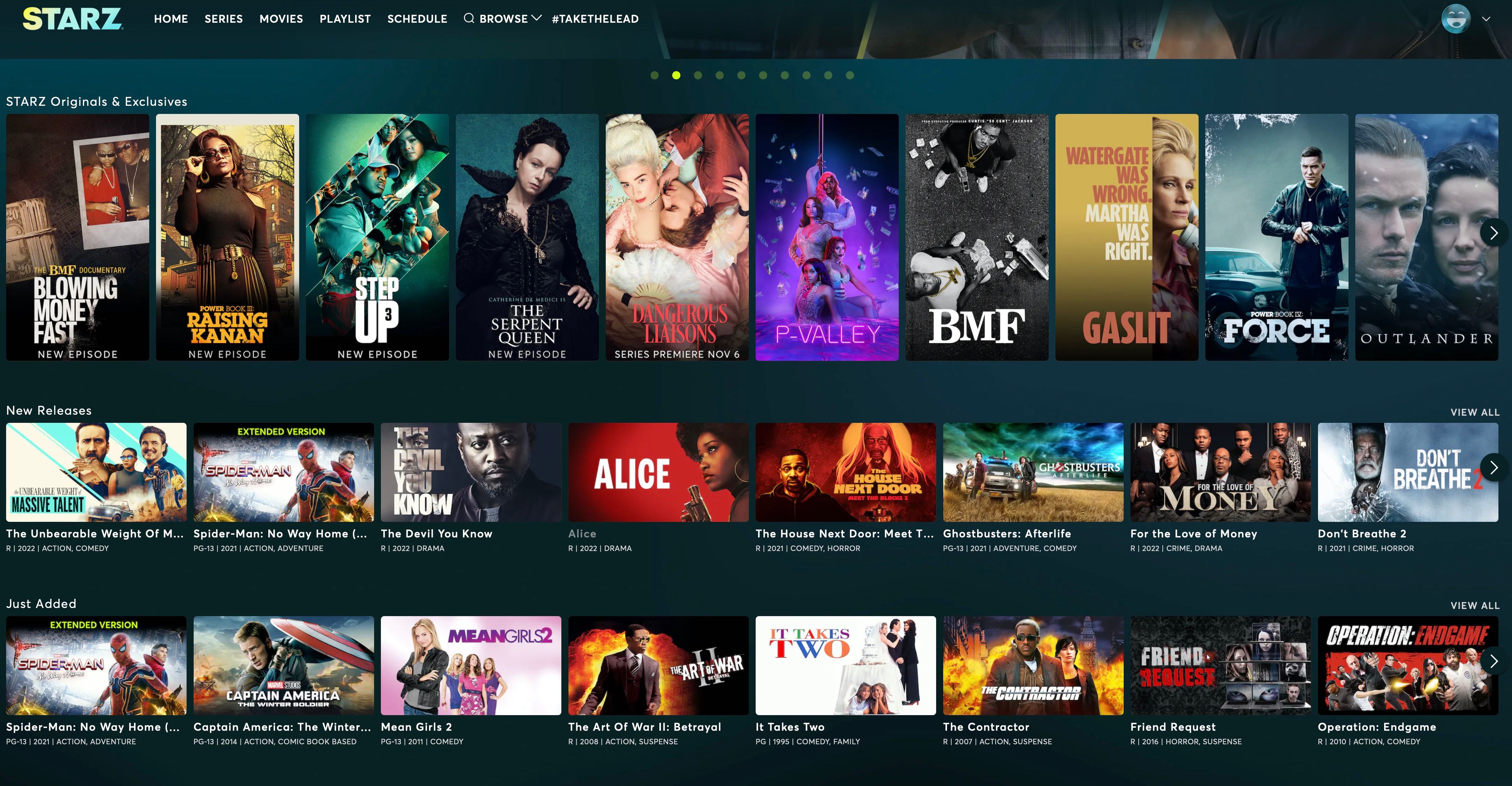 Starz Home Page with Starz Originals, New Releases, and Just Added tabs.