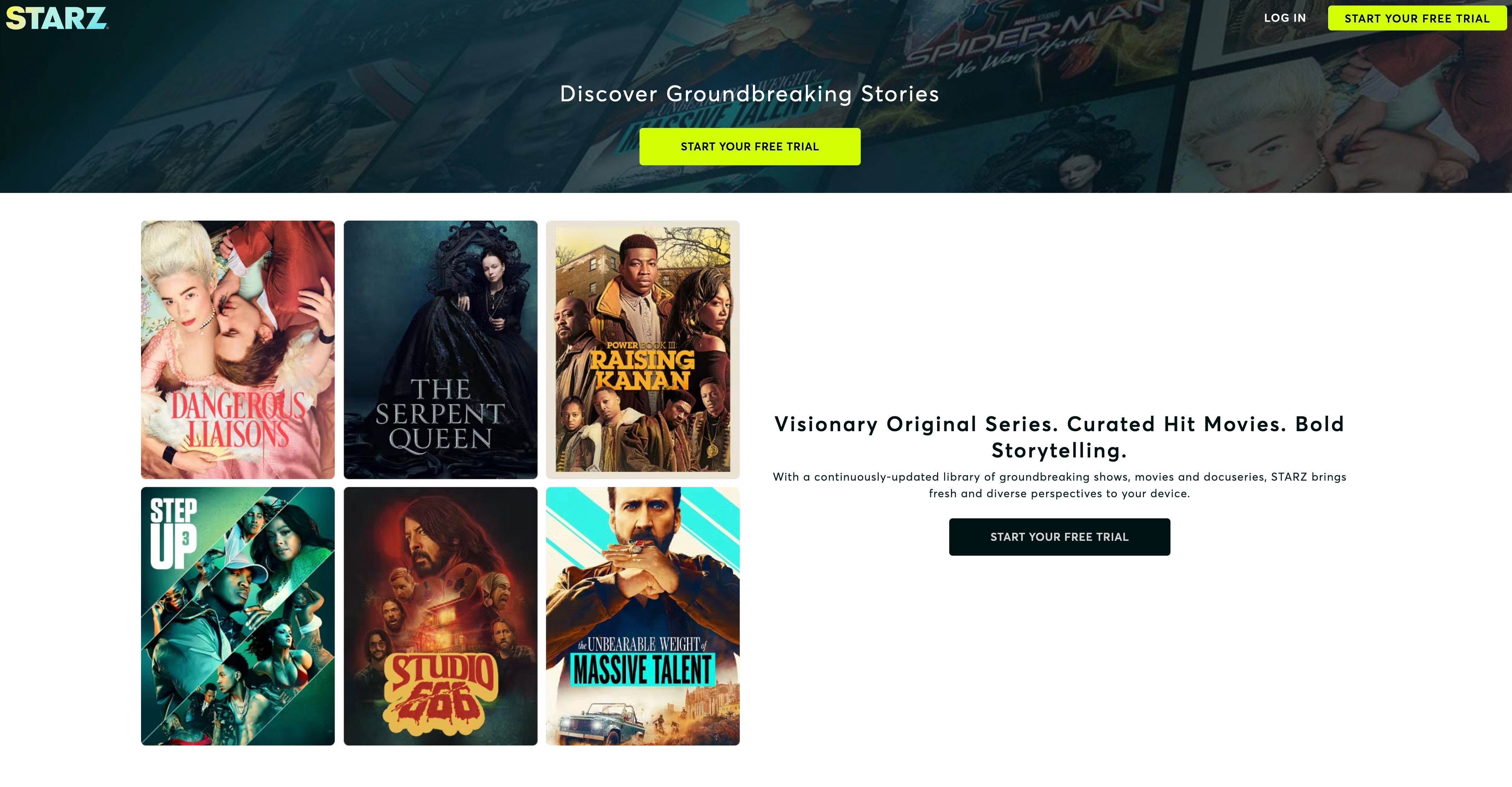 Starz Start Free Trail page with Start Your Free Trial button. 