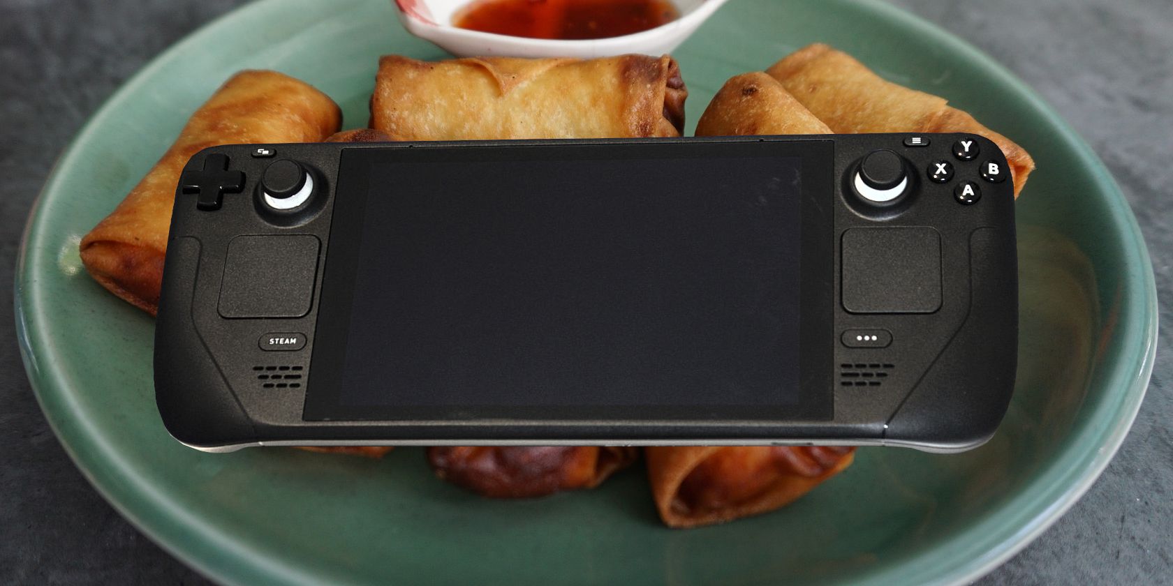 Steam Deck on a picture of a plate of egg rolls