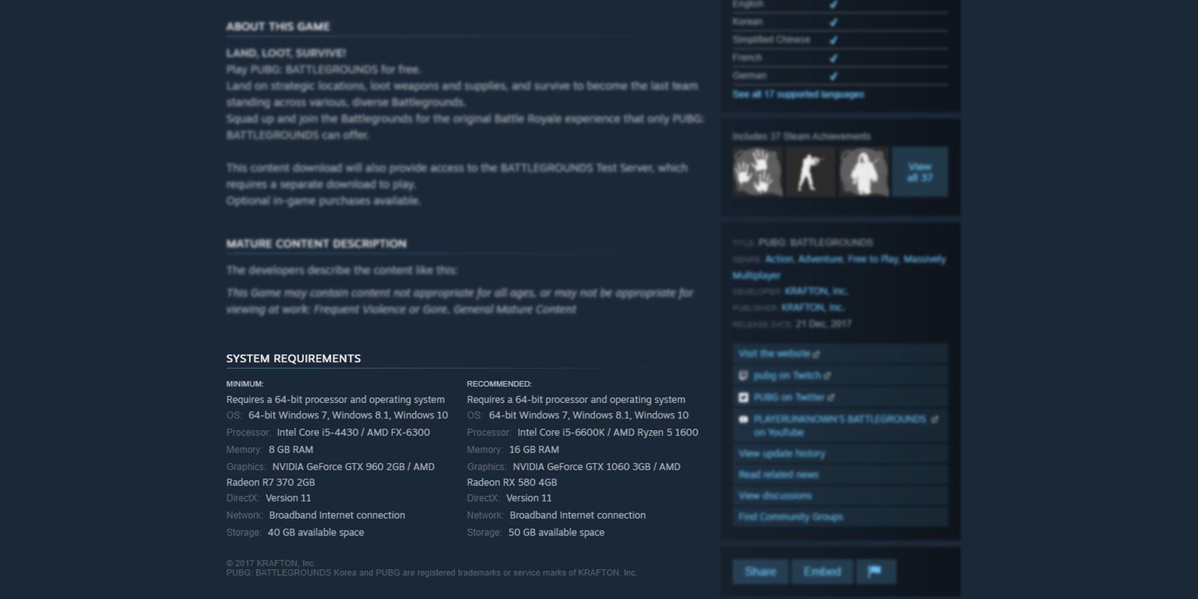 Steam game system requirements screenshot