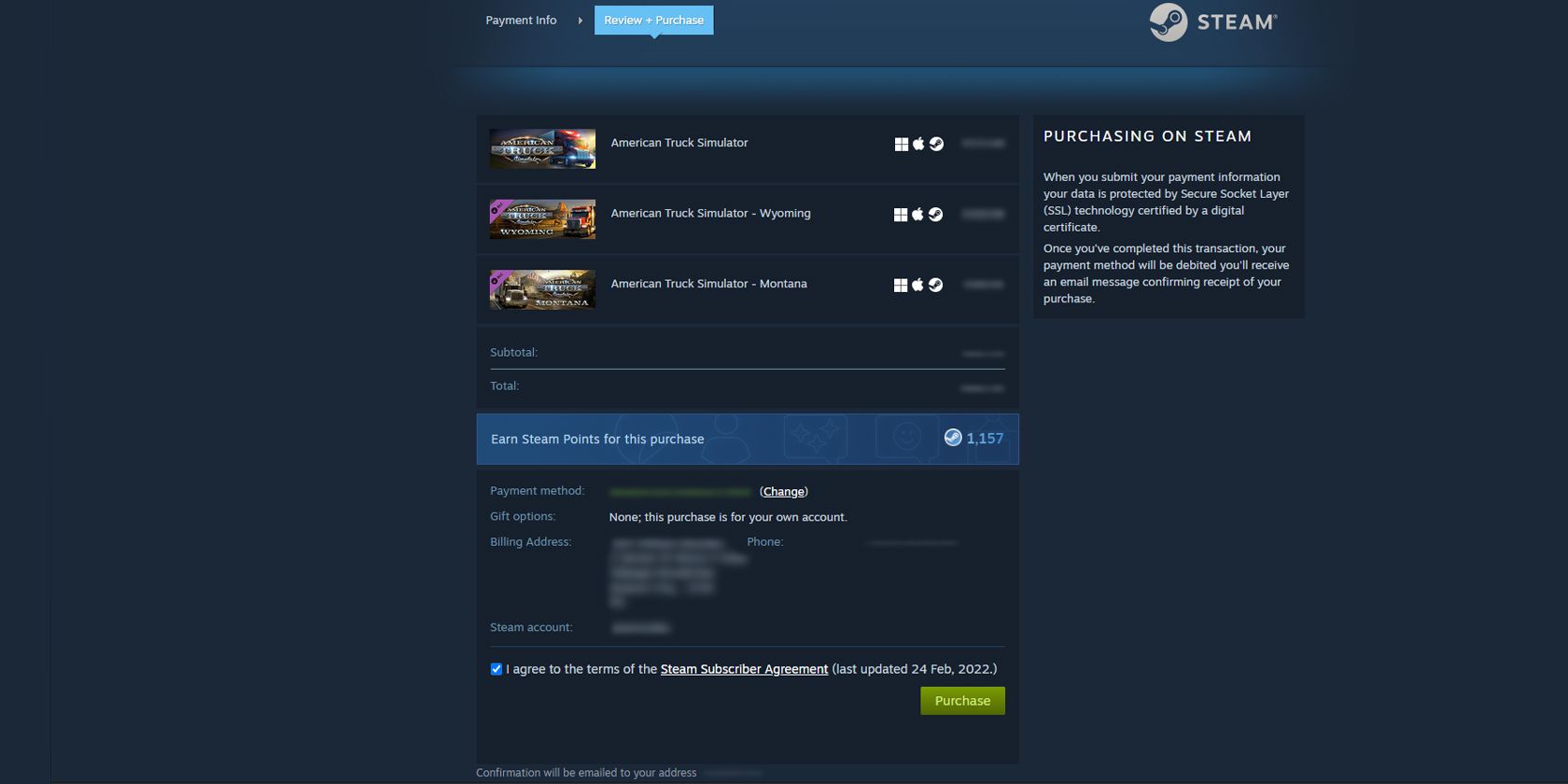 Steam purchase confirmation page screenshot