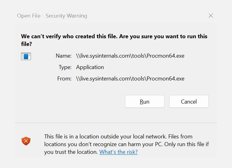 Image of Sysinternals Live Security Warning