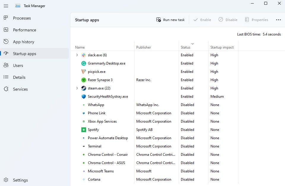 Image of Task Manager Startup Settings
