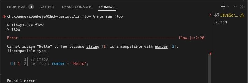 A screenshot of a Flow error caused because the variable foo is expected to be a number, but the string “Hello” is passed.