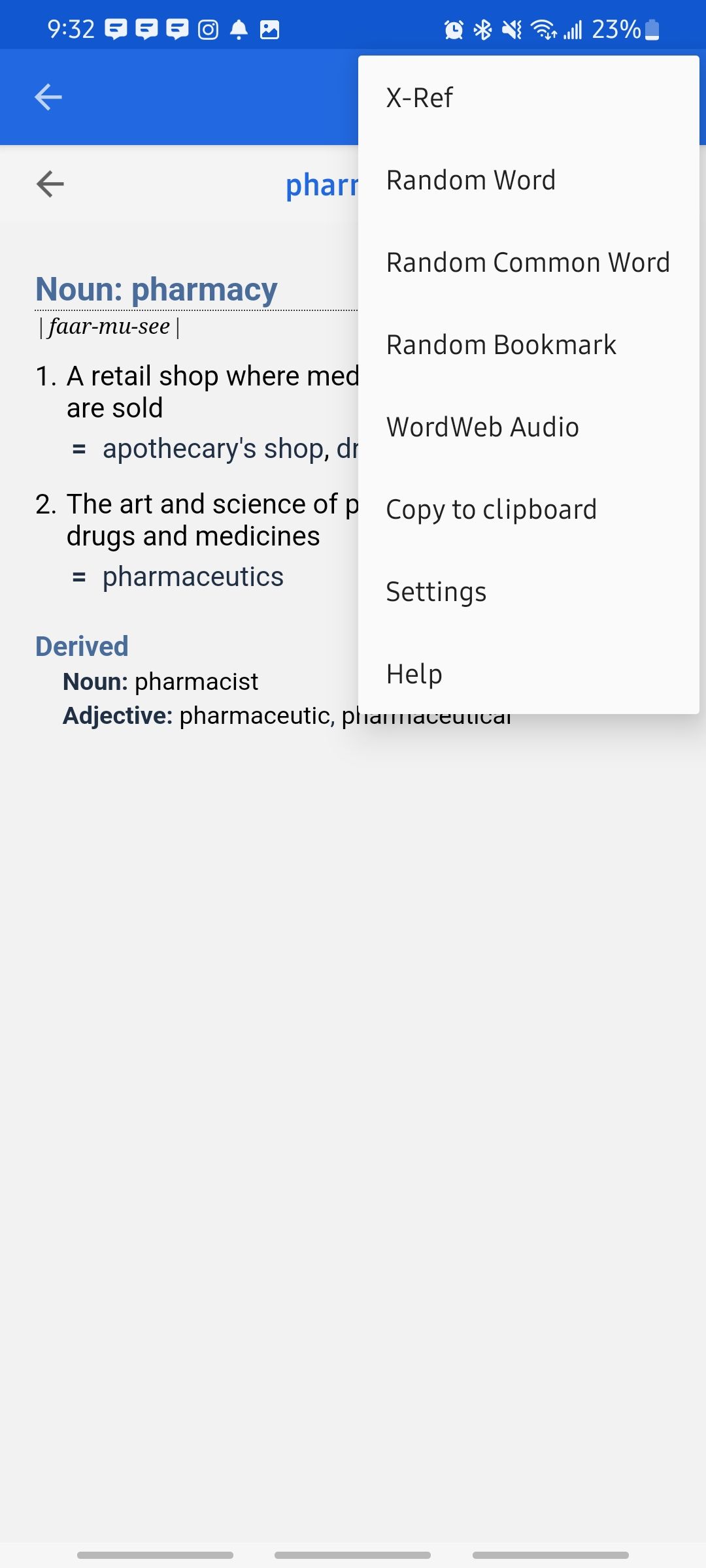 Three dot options menu in the WordWeb dictionary app