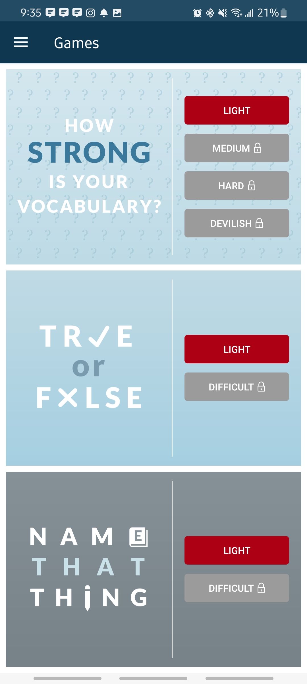 Three word based games in the Merriam-Webster Dictionary app games tab