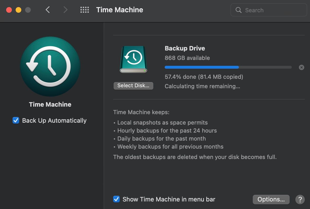 Time Machine Backup Progress window