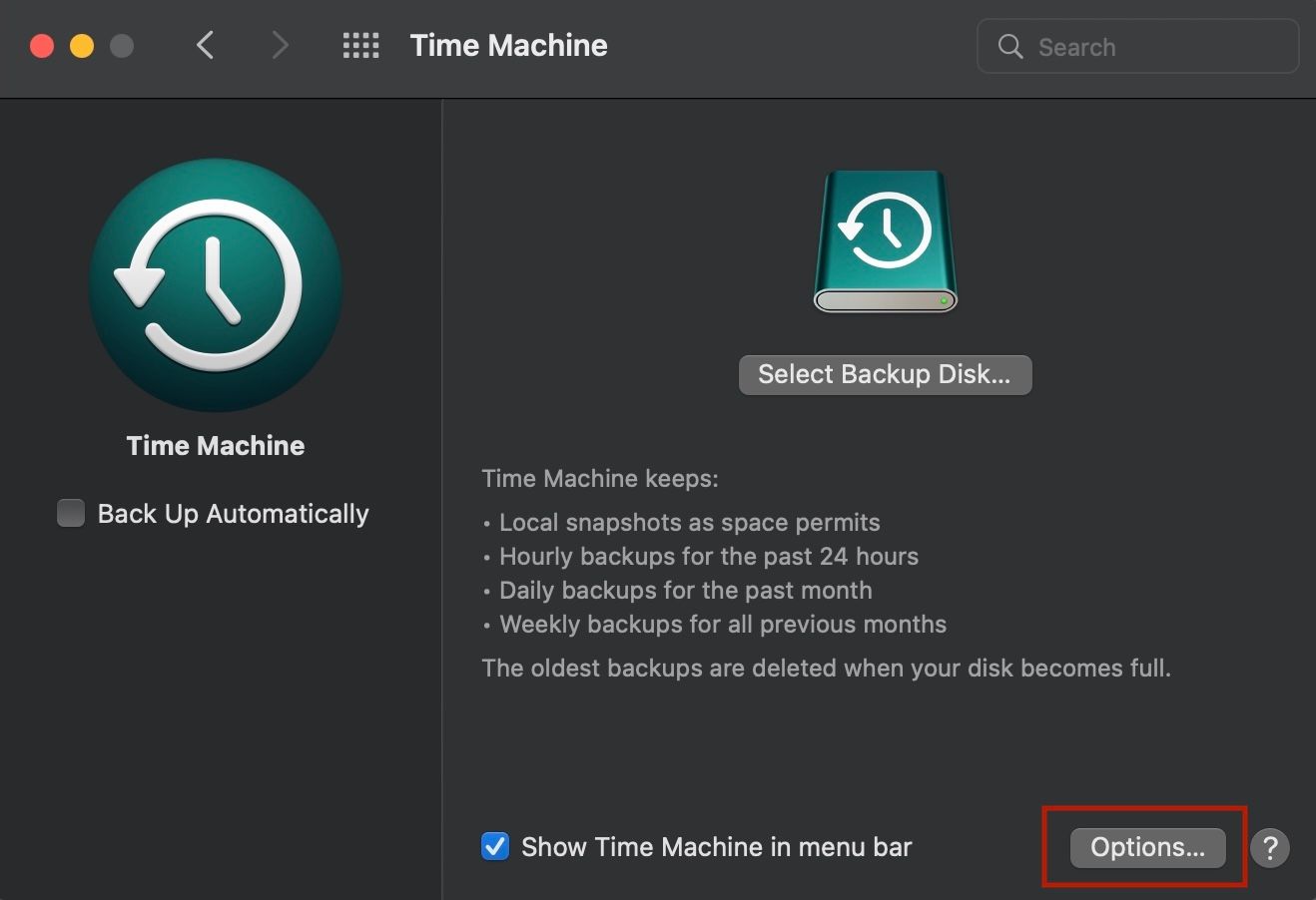 Time Machine Options Button