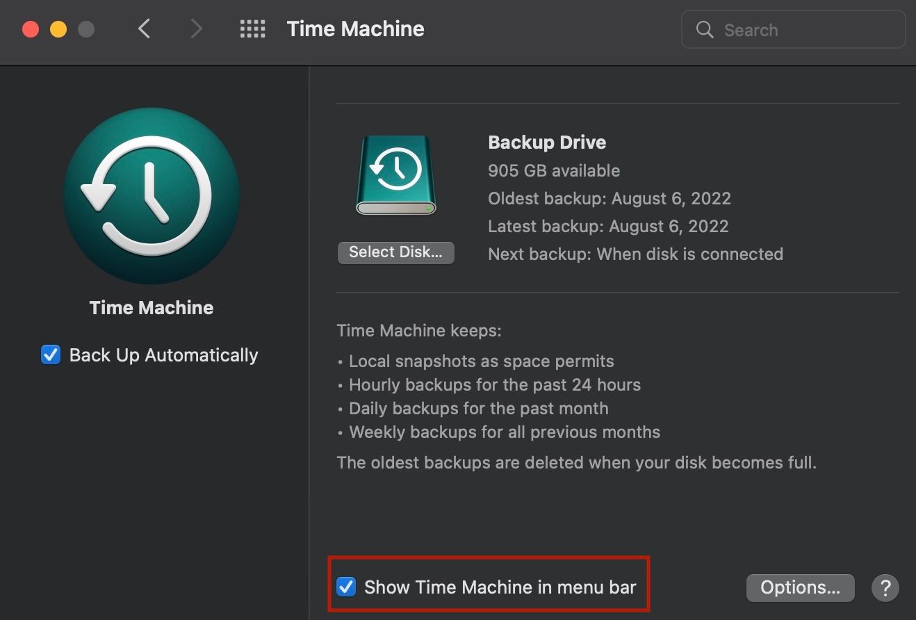 Time Machine Settings menu bar toggle