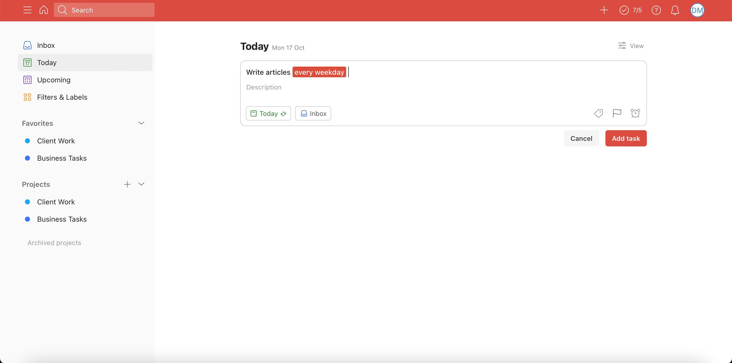 screenshot showing how to set tasks on todoist