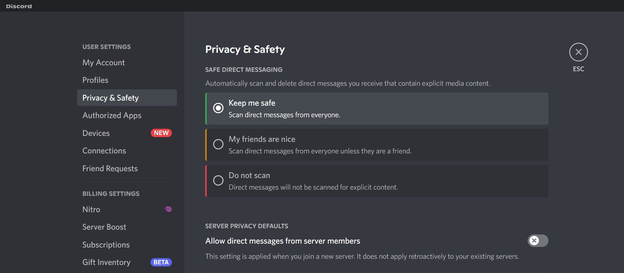 how to change Privacy and Security Settings on discord
