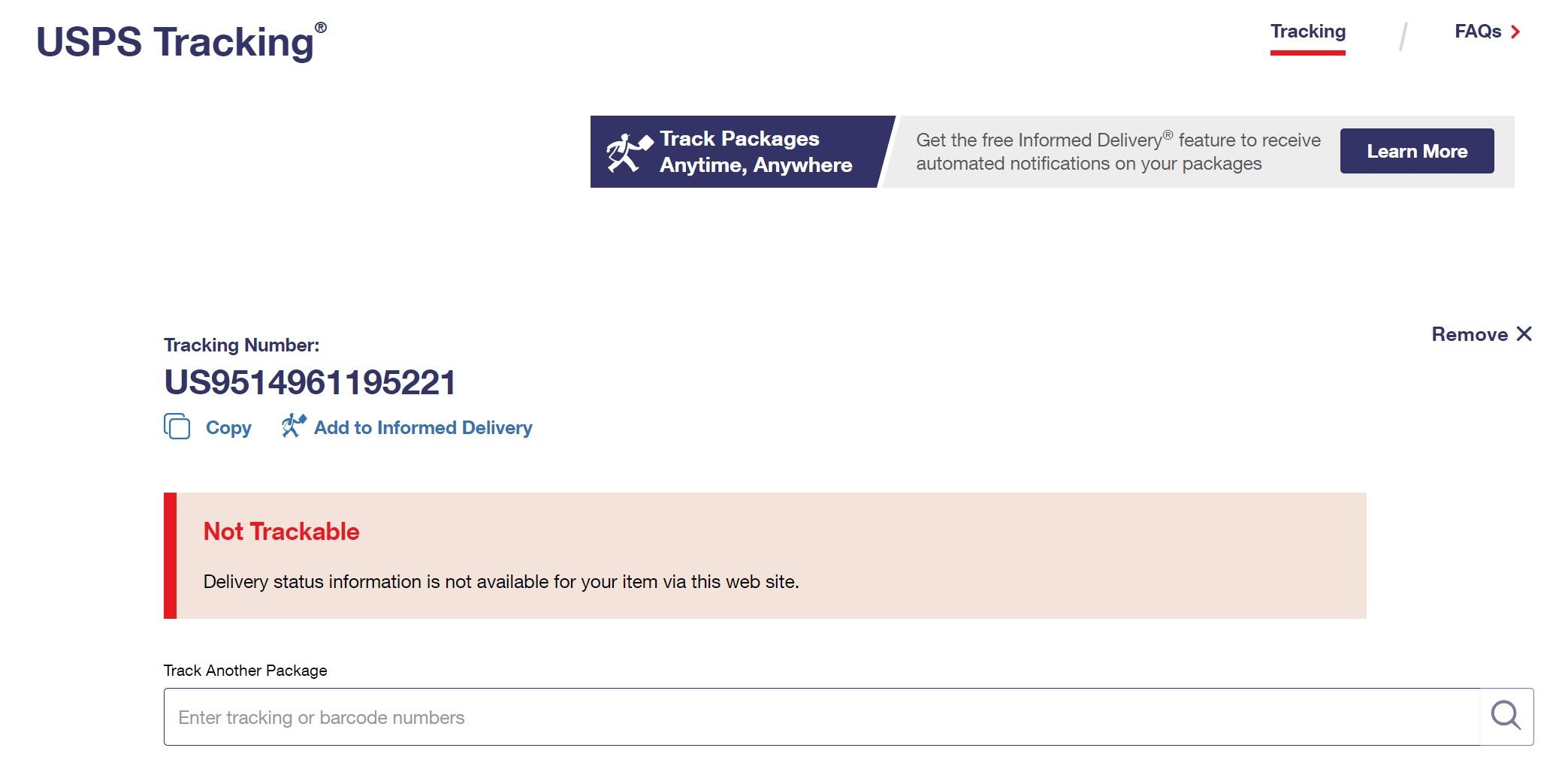 USPS Website Showing Tracking Number Isn't Trackable