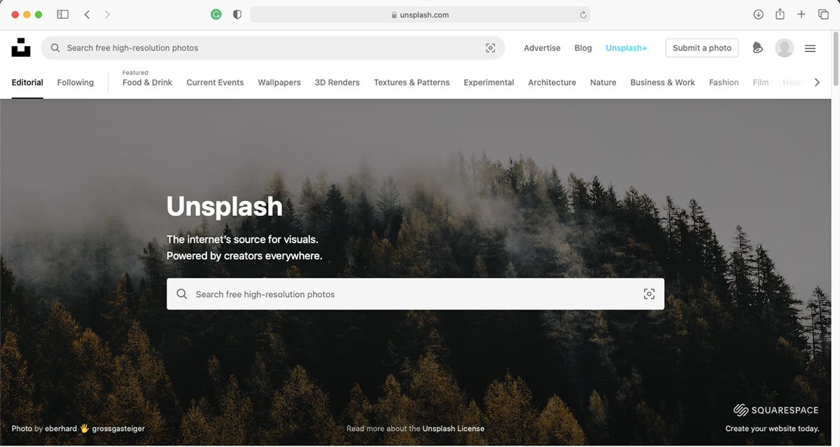 Unsplash homepage.