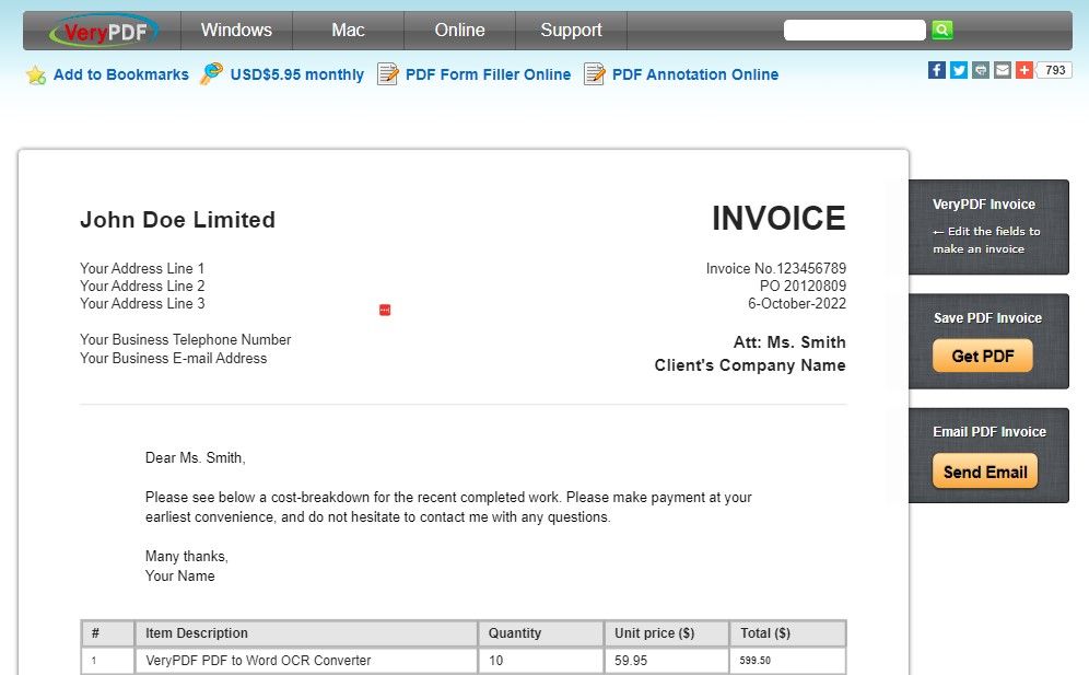 Using VeryPDF to Create an Online Invoice