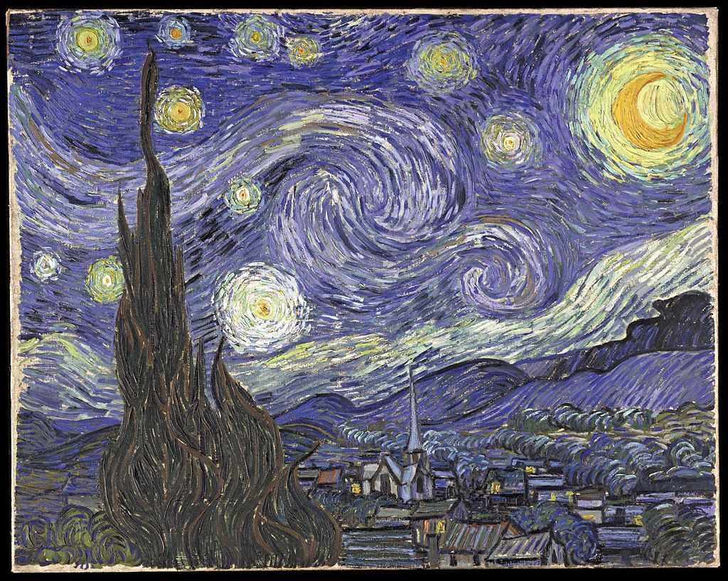 Van Gogh's painting Starry Night Saint Remy shows a picturesque small town under hills with a swirling night sky above