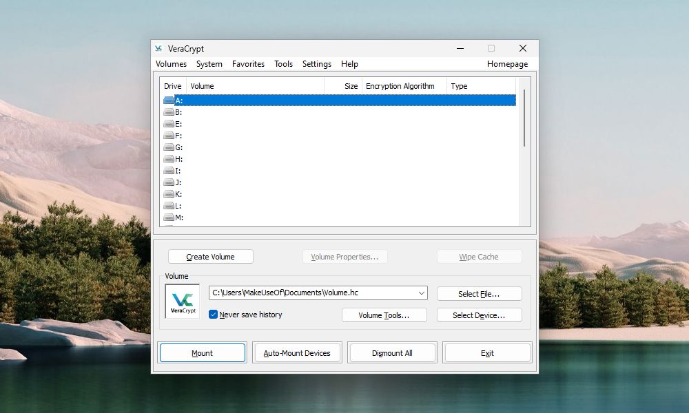 VeraCrypt main window with a selected drive letter