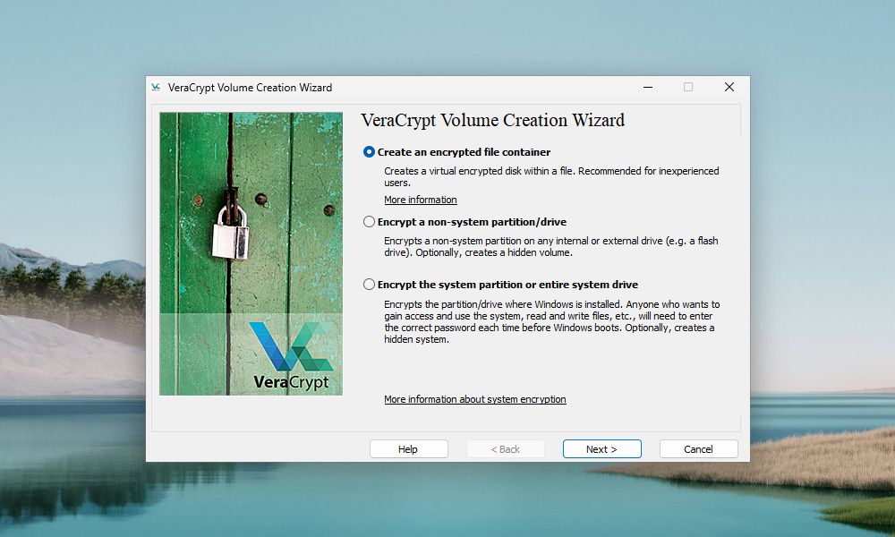 Window of the VeraCrypt Volume Creation Wizard prompting to select a file container type