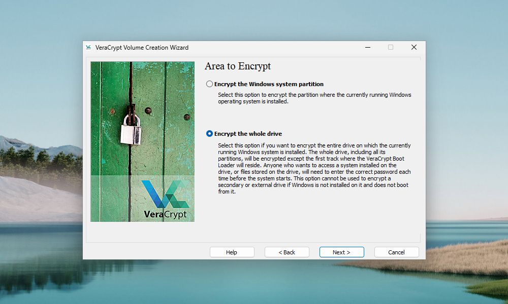 The VeraCrypt Volume Creation Wizard window prompts you to select an area to encrypt on the system drive.