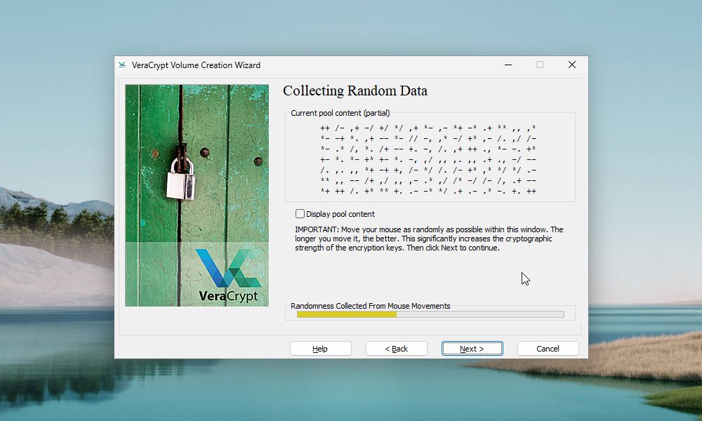 VeraCrypt Volume Creation Wizard in the process of collecting random data for encryption strength