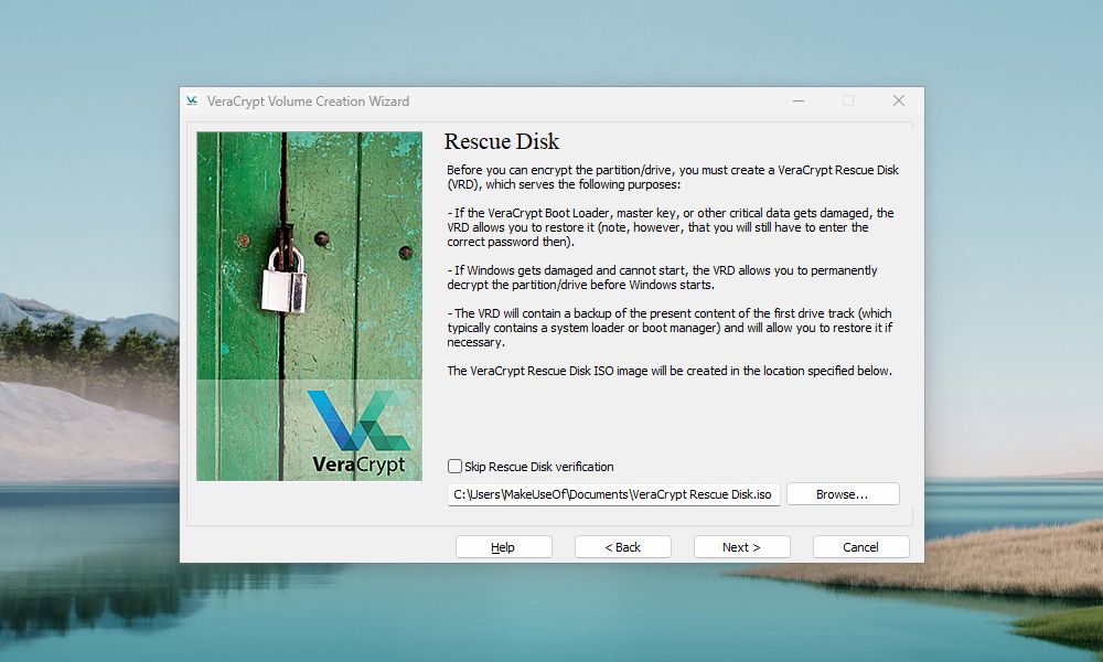 VeraCrypt Volume Creation Wizard with prompts for creating a rescue disk