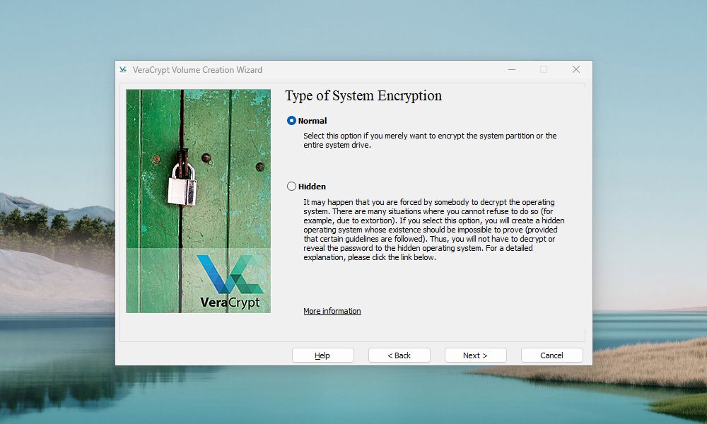VeraCrypt Volume Creation Wizard window prompts to select the type of system drive encryption