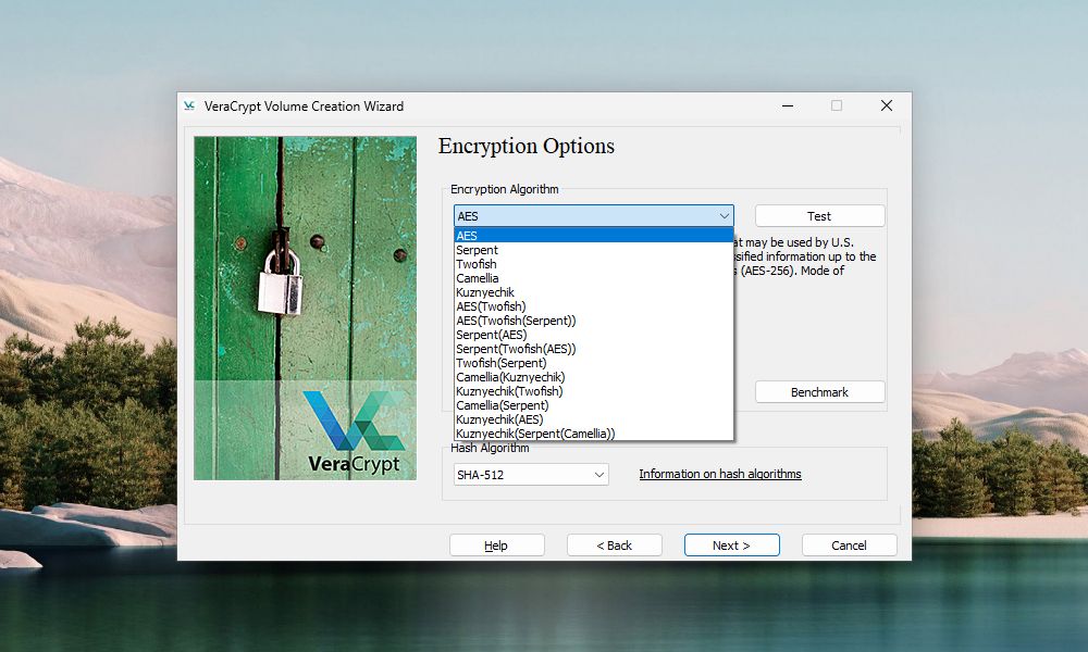 Window of the VeraCrypt Volume Creation Wizard prompting to select VeraCrypt volume encryption and hash algorithms