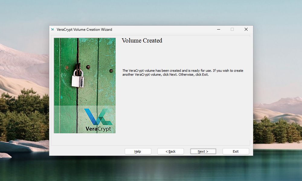 Window of the VeraCrypt Volume Creation Wizard showing that a VeraCrypt volume has been created
