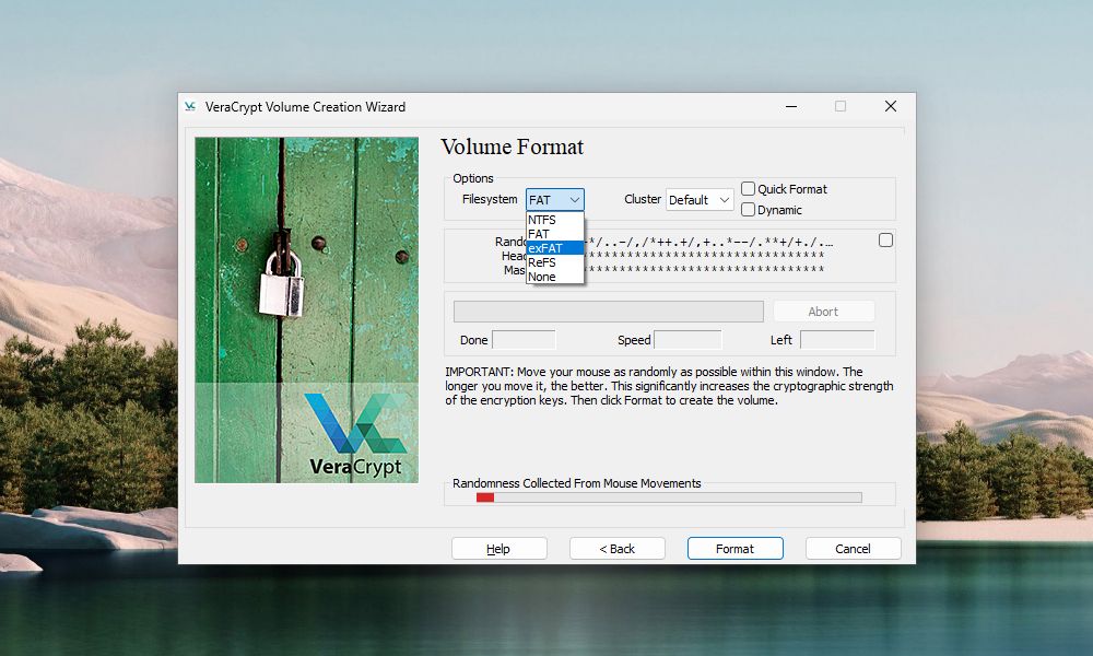 Window of the VeraCrypt Volume Creation Wizard prompting to select VeraCrypt volume file system format